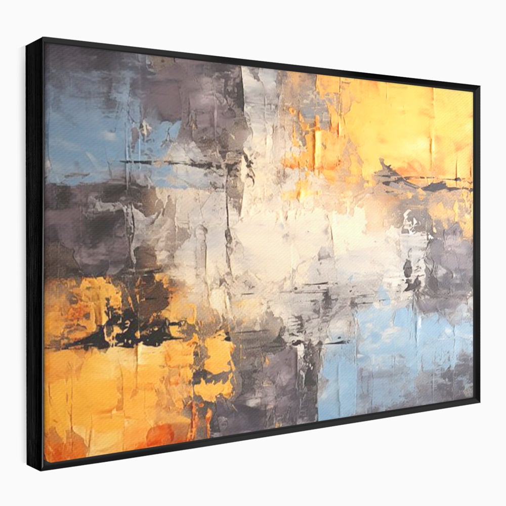 Tablou canvas cu pictura abstracta cu texturi portocalii si gri, in rama de aluminiu negru